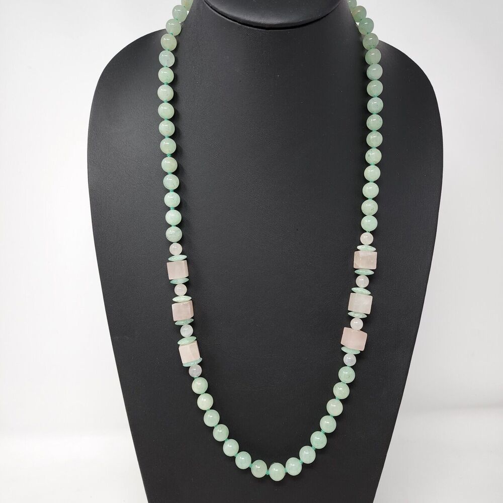 Handknotted Round Cube Multi Color Green Pink White Jade Jadeite Beaded Necklace